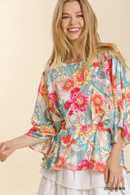 Load image into Gallery viewer, UMGEE Floral Print Pleated Round Neck Kimono Sleeve Top with Peplum Hem

