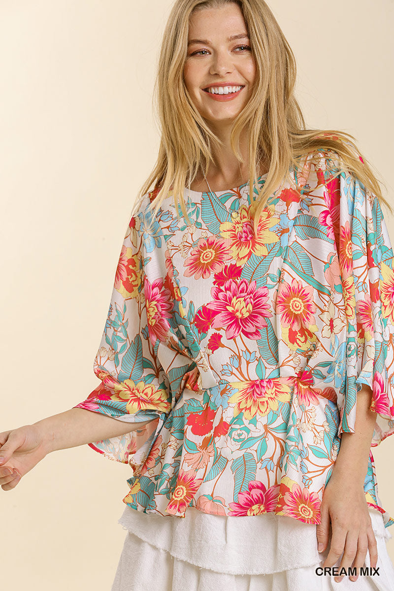 UMGEE Floral Print Pleated Round Neck Kimono Sleeve Top with Peplum Hem