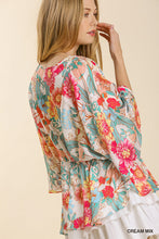 Load image into Gallery viewer, UMGEE Floral Print Pleated Round Neck Kimono Sleeve Top with Peplum Hem
