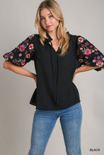 Load image into Gallery viewer, UMGEE Embroidery Puff Sleeve Top with Ruffle V-Notched &amp; Drawstring
